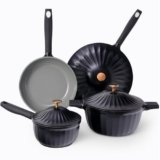Lebof Nonstick Ceramic Cookware Set (7 Piece)–Titanium Cast Aluminum Pots and Pans Set with Lids, Non Toxic PFAS-Free Compatible with All Stovetops–Jet Black