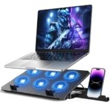 Laptop Cooling Pad, Laptop Cooler 6 Quiet Fans for 12″-17″ Laptops, Gaming Laptop Fan Cooling Pad with 5 Height Adjustable, Slim Portable USB Powered, 2 USB Ports & Phone Holder