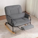 Oversized Rocking Chair, Extra-Wide Glider Patio Rocker Chairs with Foot Rest, Padded Cushion, Adjustable Backrest, Mental Wooden Farm, Indoor/Outdoor Living Room Bedroom Balcony Porch，Grey