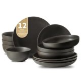 Tikooere Ceramic Dinnerware Sets, Stoneware Plates and Bowls Sets, Farmhouse 12 Piece Dish Set for 4, Plates Set for Kitchen, Scratch Resistant, Dishwasher & Microwave Safe, Matte Black