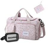 WOOMADA Foldable Travel Duffel Bag with Shoes Compartment, Overnight Bag with Wet Pocket, Weekender Carry On with cosmetic bag for Women（pink leopard）
