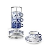 vancasso 2.5OZ Espresso Cups Set of 4, Porcelain Stackable Cappuccino Cups, Demitasse Coffee Cups and Saucers Set with Metal Stand for Specialty Drinks, Series SELENE (Vintage Blue, 2.5 Ounce)