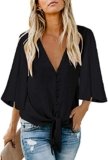 Kancystore Summer Blouse for Women V Neck Casual Tie Knot Front Shirts 3/4 Sleeve Black Tops Plus Size XL