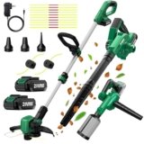 KIMO 20V Weed Wacker and Blower Combo w/2 x 2.0Ah Battery & Charger, 12 Inch String Trimmer w/10Pcs Cutting Lines, 4-in-1 Leaf Blower Cordless w/Vacuum, 3 Nozzles & 20″ Extended Tube for Yard, Garden