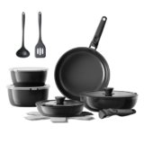 Redchef Set di Pentole in Ceramica 16 Pezzi, Padelle Antiaderente con Manico Rimovibile, Pentola 18/20 cm & Padella 20/26 cm, Impilabile, per Tutti i Piani Cottura e Forno,Nero