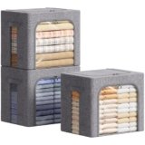 Lifewit 3 pezzi Scatole per Armadio Rigide con Cerniera, Organizzatore Armadio con Struttura in Metallo Pieghevole, Contenitori per Armadio Impilabili per Vestiti, Trapunte, Piumone, Grigio, 40L