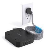 Black Extension Cord 25 Ft, HANYCONY Ultra Thin Flat Plug Power Strip with 4 Outlets 4 USB Ports (2 USB C), Wall Mount, Desk Charging Station for Office, School, Travel and Dorm Room Essentials