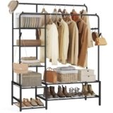 SONGMICS Stand Appendiabiti, Guardaroba Aperto, 7 Ripiani Portaoggetti, Struttura in Metallo, Barre Appendiabiti, Camera da Letto, Soggiorno, Ingresso, Nero HSR182B01