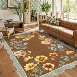 GarveeHome Floral Scalloped Living Room Rug, 5×7 Area Rugs Ultra-Thin Soft Washable Botanical Rug, Non-Slip Brown Rugs for Bedroom Stain Resistant Boho Low-Pile Rugs for Diningroom Playroom, Coffee
