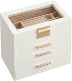 SONGMICS GISELLA Collezione – Scatola Portagioie con Coperchio in Vetro, 4 Livelli, Porta Gioielli con 3 Cassetti, Moderno, Idea Regalo, Bianco Nuvola e Dorato, 15,3 x 25,1 x 21,5 cm JBC161W01