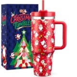 TaroKitc Christmas Gifts for Women Men Kids, 40 oz Christmas Tumbler with Handle and Straw Lid, Triple Wall Stainless Steel Insulated Travel Mug Cup, Fit in Cup holder(Red Santa Snowman)