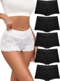ALL OF SHE Lace Boy Shorts Sexy Cheeky Panties Breathable Womens Underwear Stretch Cotton Waistband Underwear Women 5 Pack