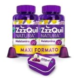 ZzzQuil Natura Integratore con Melatonina pura ed Estratti Di Valeriana Per Dormire, Camomilla e Lavanda, Maxi Formato Frutti Di Bosco 2×72 Gommose + Travel Case Viola