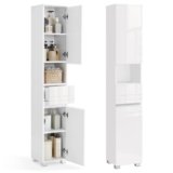 VASAGLE Mobile da Bagno, Mobiletto Portaoggetti, Alto, con Cassetto, Ripiani Regolabili, Scomparti, 30 x 30 x 170 cm, Bianco Nuvola BBC560P31