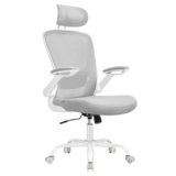 SONGMICS Sedia da Ufficio Girevole, Sedia di Rete da Computer Ergonomica, Supporto Lombare, Oscillante, Seduta 53 cm, Braccioli Pieghevoli, Poggiatesta, Grigio Tortora OBN047G01