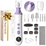 Professional Manicure Pedicure Electric Toenail Grinder Kit – Cordless Electric Nail File Set for Thick Nails Hand Feet Care ,15 Speed,Nail Drill with LED Display Ideal Gift for Men and Women-Purple