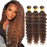 ZevPiul P430 Highlight Brown Bundles Human Hair Deep Wave 3 Bundles 26 28 30 Inch Unprocessed Brazilian Virgin Remy Dark Brown Deep Wave Bundle Human Hair Extensions