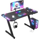 Scrivania Gaming LED 120×60 cm – Tavolo da Gaming con Luci RGB a Controllo Tattile, Piano in Fibra di Carbonio Nero, Ganci per Cuffie, Design Ergonomico, Scrivania PC per Setup Gamer Professionale