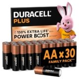 DURACELL Batterie Plus AA (Confezione da 30) – Batterie Alcaline da 1,5 V – Fino al 150% di durata extra con Attivi POWER BOOST– Affidabilità per i dispositivi di utilizzo quotidiano –MN1500