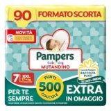 Pampers Baby Dry Mutandino XXL, Taglia 7 (17+ kg), Formato Scorta, Barriera Stop&Protect, Anti-Fuoriuscite, Fascia Elastica, Asciutto 12h, Cambio Facile, 90 Pannolini Bambino + 500 Punti Omaggio