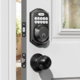 TEEHO TE001K Keyless Entry Door Lock with Handle, Electronic Keypad Deadbolt with 2 Knobs, High-Security Front Door Handle Set for Home & Rental, Smart Auto-Locking, Easy Install, Matte Black