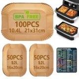Anhow 200 Pezzi Carta Forno per Friggitrice ad Aria, 31x21cm e 20x16cm, Carta Forno per Cosori Airfryer Twinfry Doppio Zona Airfryer/Cecotec DuoSize 9000/Ninja AF500EU, Food-Grade BPA Free,FDA e LFGB
