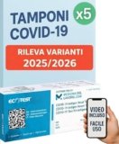 5 x Tamponi Covid 19 Rapido 2026 Nasale PRONTO ALL’USO, Kit Rapido Tampone per l’Antigene SARS-COV-2 Validato Nuove Varianti 2025/2026. Sensibilità 100% a carica virale alta (5 TEST)