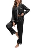 UMBY Silk Satin Pajamas for Women Set 2 Piece Silk Pjs Long Sleeve Top Cozy Sleepwear Silky Pajamas Black