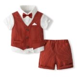 Kimocat Boys 3Pcs Clothing Sets Short Sleeve T-Shirt with Vest,Short Pants and Bowtie,Boys Gentleman Outfit (US, Age, 1 Year, Red stripe)