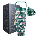 Skywerc 30 oz Christmas Flip Straw Tumbler with Top Handle, Double Wall Vacuum Insulated Tumbler, Christmas Water Bottles Cup, Fit in Cup Holders, Keep Cold for 30 Hrs