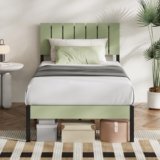 Novilla Twin Bed Frame with Modern Wooden Slatted Headboard, Easy Assembly, Heavy Duty Metal Platform, Noise-Free, Under-Bed Storage, No Box Spring Needed