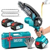 SEESII Mini Motosega a Batteria 6 Pollici, 2 x 4000mAh Motosega Elettrica per Potatura con Pompetta Olio e Catena di Ricambio, 900W Motosega da Potatura per il Taglio del Legno Giardini