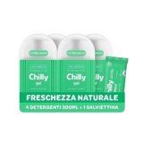 Chilly Detergente Intimo Fresco, Detergente per l’Igiene Intima con Molecola Antiodore, Formula Fresca con Mentolo Naturale, PH 5, Clinicamente Testato, Confezione da 4 Flaconi da 300 ml