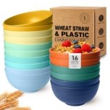 Teivio 16-Piece Cereal Bowls,26oz Wheat Straw Bowls Set, Unbreakable Durable Plastic Bowls for Kitchen, Camping, Kids Salad Snack Bowl Reusable,Dishwasher Safe, Multicolor
