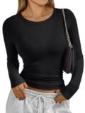 Trendy Queen Womens Long Sleeve T-Shirts Basic Crop Tops 2025 Fall Fashion Outfits Going Out Winter Clothes Black M