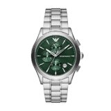 Emporio Armani Orologio Uomo, movimento cronografo, cassa 42 mm in acciaio inossidabile riciclato almeno 50% e bracciale in acciaio inossidabile riciclato almeno 50%, AR11529, Argento e verde