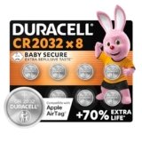 Duracell Batterie a moneta al litio 3V CR2032 (8 pz.) – Fino a +70% di durata – Tecnologia Baby Secure – Per Apple AirTag, chiavi auto, dispositivi domestici, sportivi e medici – A prova di bimbo