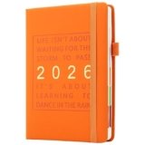Agenda 2026, formato A5, una pagina al giorno, da gennaio a dicembre, planner giornaliero per tutto l’anno, con linguette mensili colorate, copertina rigida, con tasca interna, segnalibro (arancione)