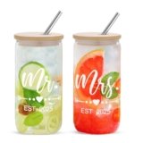 Mr & Mrs Coffee Cups 2025 Gift Set, Wedding & Engagement Gifts for Couples – His & Hers Glass Tumbler Set With Straw