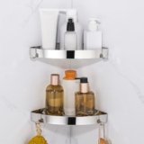 DUFU Mensola Doccia Senza Foratura, Mensole Bagno ad Angolo con 4 Ganci, Mensola Doccia Angolare in Acciaio Inox Porta Shampoo Doccia, Portasapone Doccia Angolare 2 pezzi, Nero (Argento Specchio)