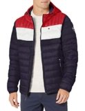Tommy Hilfiger Men’s Water Resistant Ultra Loft Filled Hooded Puffer Jacket Down Alternative Coat, Midnight/Ice/Red Flag Colorblock, XX-Large US
