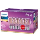 Philips, pack de 6 ampoules E27 LED transparentes 60W, blanc chaud
