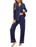 Bresdk Pigiama Donna Caldo Cotone con Bottoni Vestaglia Parto Ospedale Comodo Pantaloni Lunghi Manica Lunga Pigiami Set Aperto Davanti Blu M