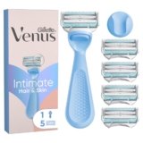 Gillette Venus Rasoio Donna Parti Intime per Peli e Pelle Della Zona Intima + 5 Lamette Donna di Ricambio, Rasoio Parti Intime, Lamette di Ricariche, con Barra Anti-Irritazioni