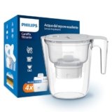 Philips Water Caraffa filtrante + 4 cartucce filtranti di ricambio, Filtrazione Avanzata, flusso rapido, timer elettronico, filtra CLORO, CALCARE, METALLI PESANTI e MICROPLASTICHE, BIANCO, 2.6 litri