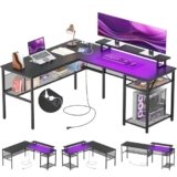 iSunirm Scrivania Gaming a L,140 x 116 x 76 cm Scrivania Angolare Reversibile con LED,Scrivania ad L per Casa Ufficio,Scrivania Computer con 2 Prese e 2 Porte USB, Nera