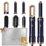 UKLISS Hair Styler 6 in 1, Phon Spazzola Asciugacapelli con Piastra Capelli, Arricciacapelli Automatico, Hair Dryer, Thermal Brush, Spazzola Aria Calda per Donne Ricci, Lisci, Voluminosi – Blu