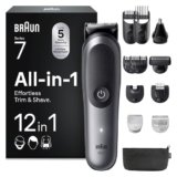 Braun Rifinitore All-In-One Series 7, Rasoio Elettrico Barba 12In1, Taglia Peli Naso E Orecchie, Macchinetta Per Capelli, Lama ProBlade, Tecnologia AutoSense, Wet&Dry, AIO7545, Grigio
