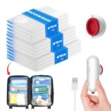 Vacbird Sacchi Sottovuoto Vestiti con Pompa Elettrica Usb, 12 Pezzi di Buste Sottovuoto (4x 40 * 40cm / 4x 40 * 50cm / 4x 40 * 60cm) Sacchetti Sottovuoto Vestiti Viaggio, Riutilizzabili, Salvaspazio