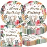 40Pcs Safari Birthday Decorations Jungle Themed Party Animal Birthday or Baby Shower Supplies Plates Napkins Set for 20 Guests